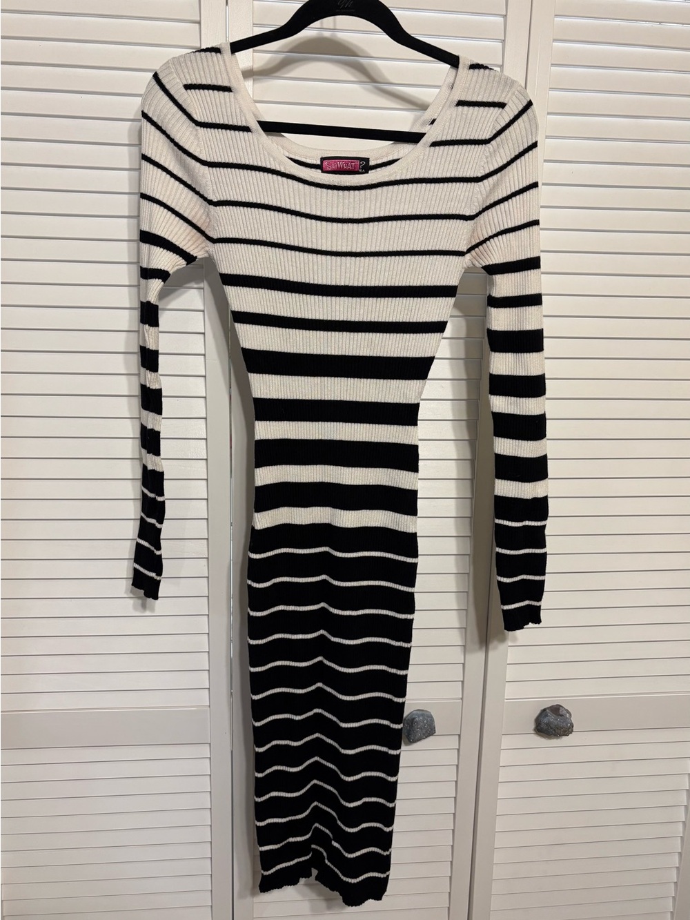 Say What? Black and White Striped Long Sleeve Ribbed Midi Dress